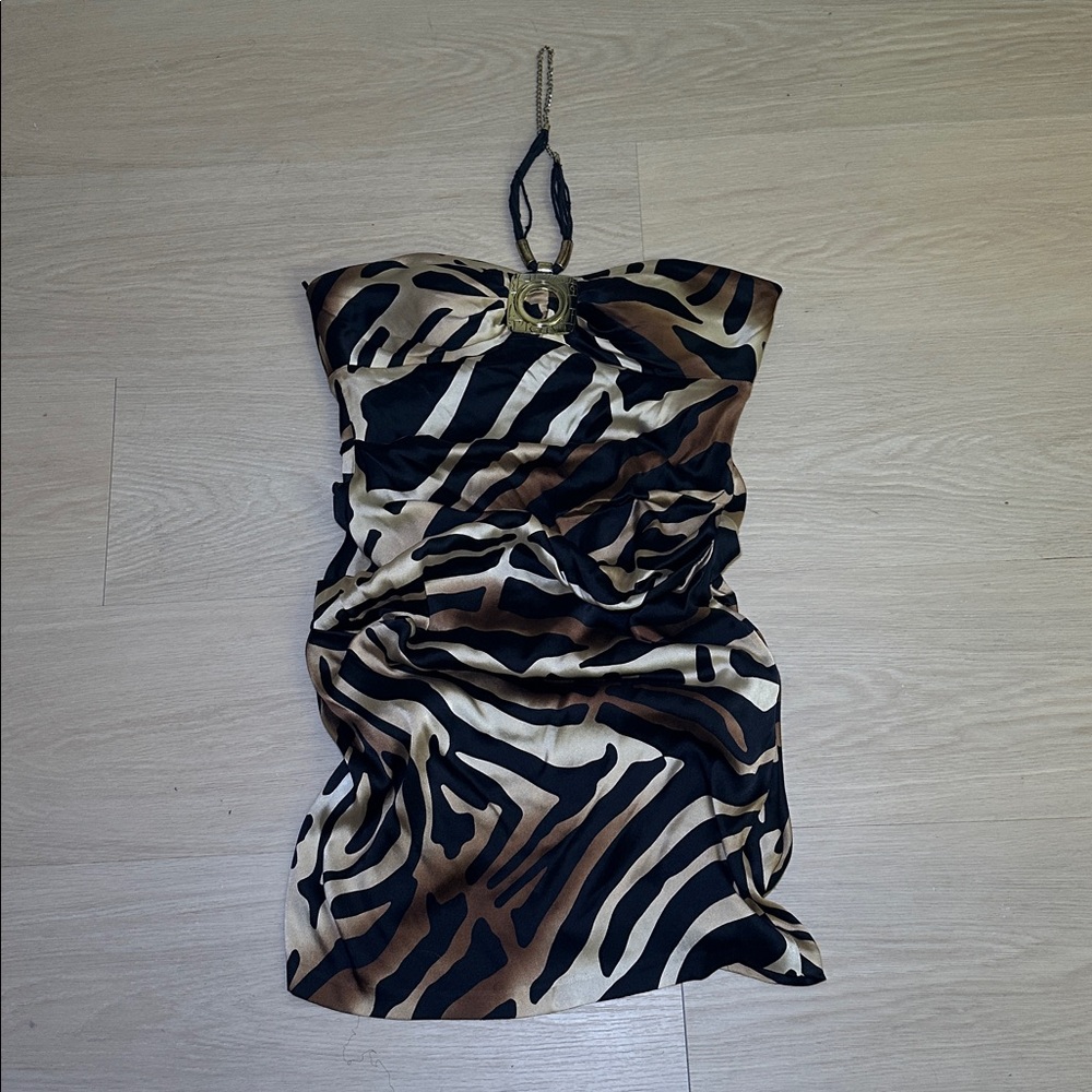 Cache Strapless Zebra Print Dress - Black and Brown